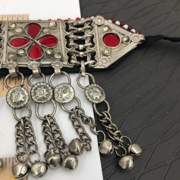 Tribal Glass Stones Choker Necklace With Dangling Tassels, Silver Kuchi Choker - Picture 5 of 8